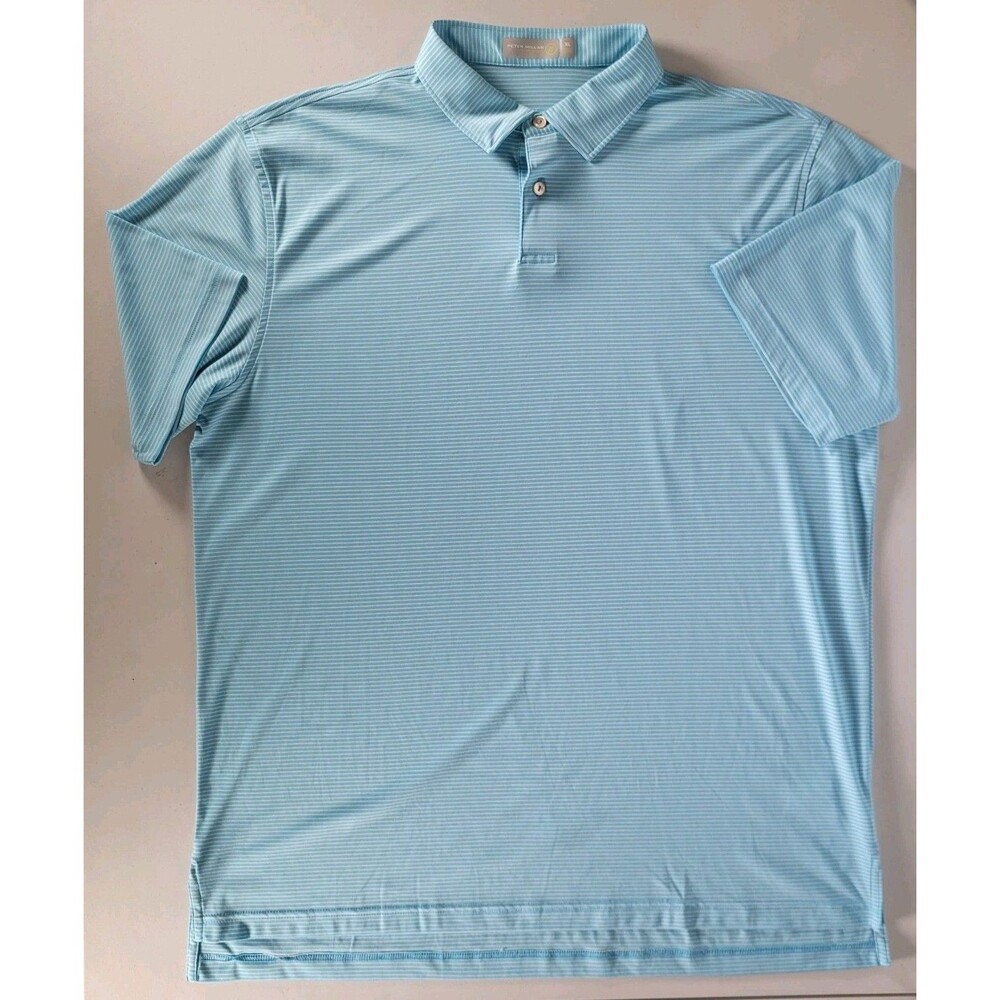 Peter Millar Featherweight Polo Shirt Mens Sz XL Light Blue White Stripe Golf